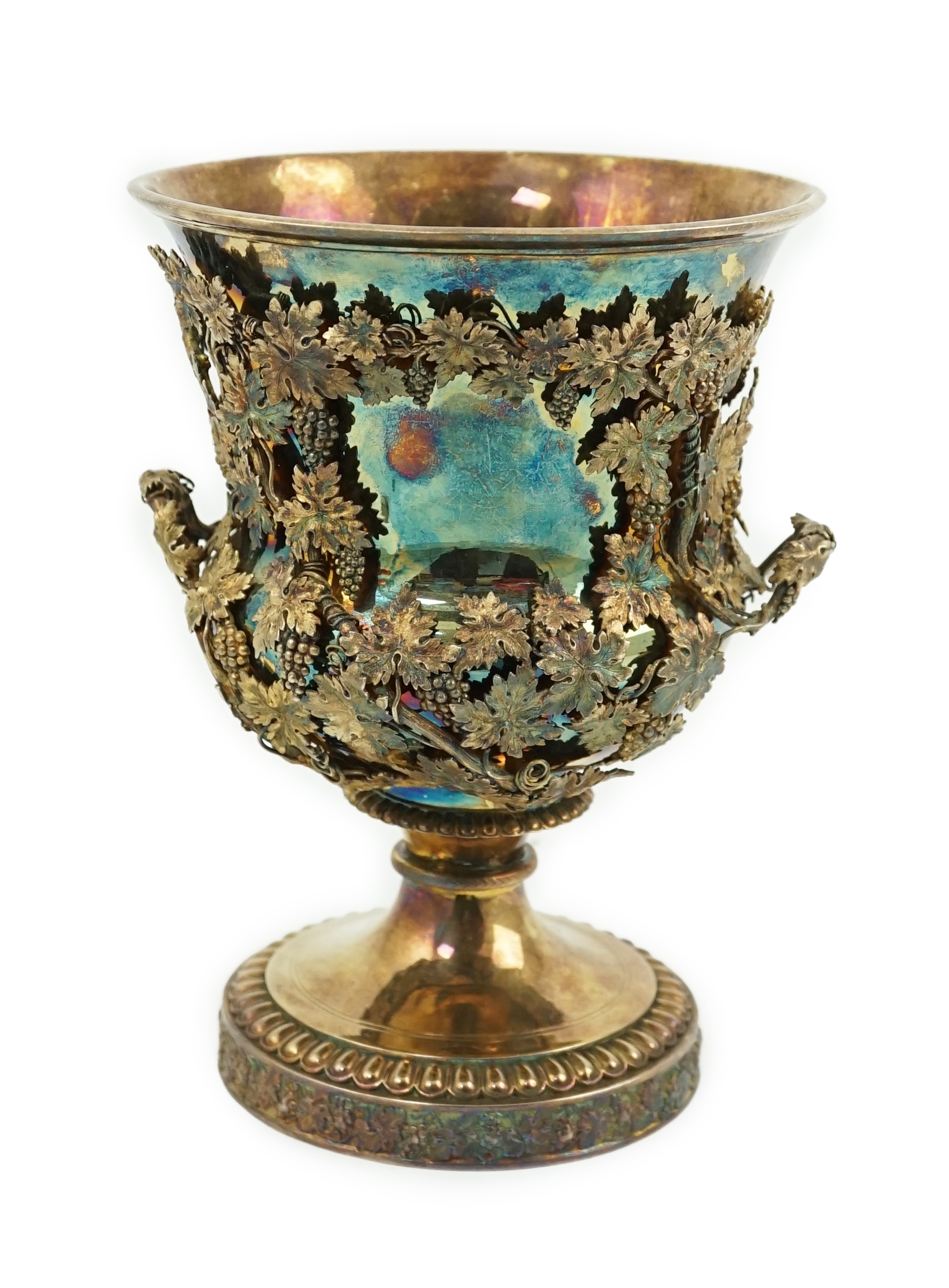 A late George III silver gilt two handled campana vase, maker's mark rubbed